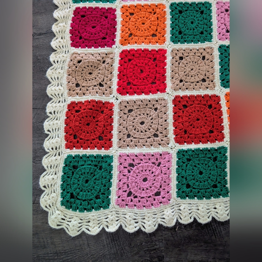 Vtg Granny Square Afghan Blanket Throw Handmade 58x61 White Multicolor Crochet - Picture 2 of 5